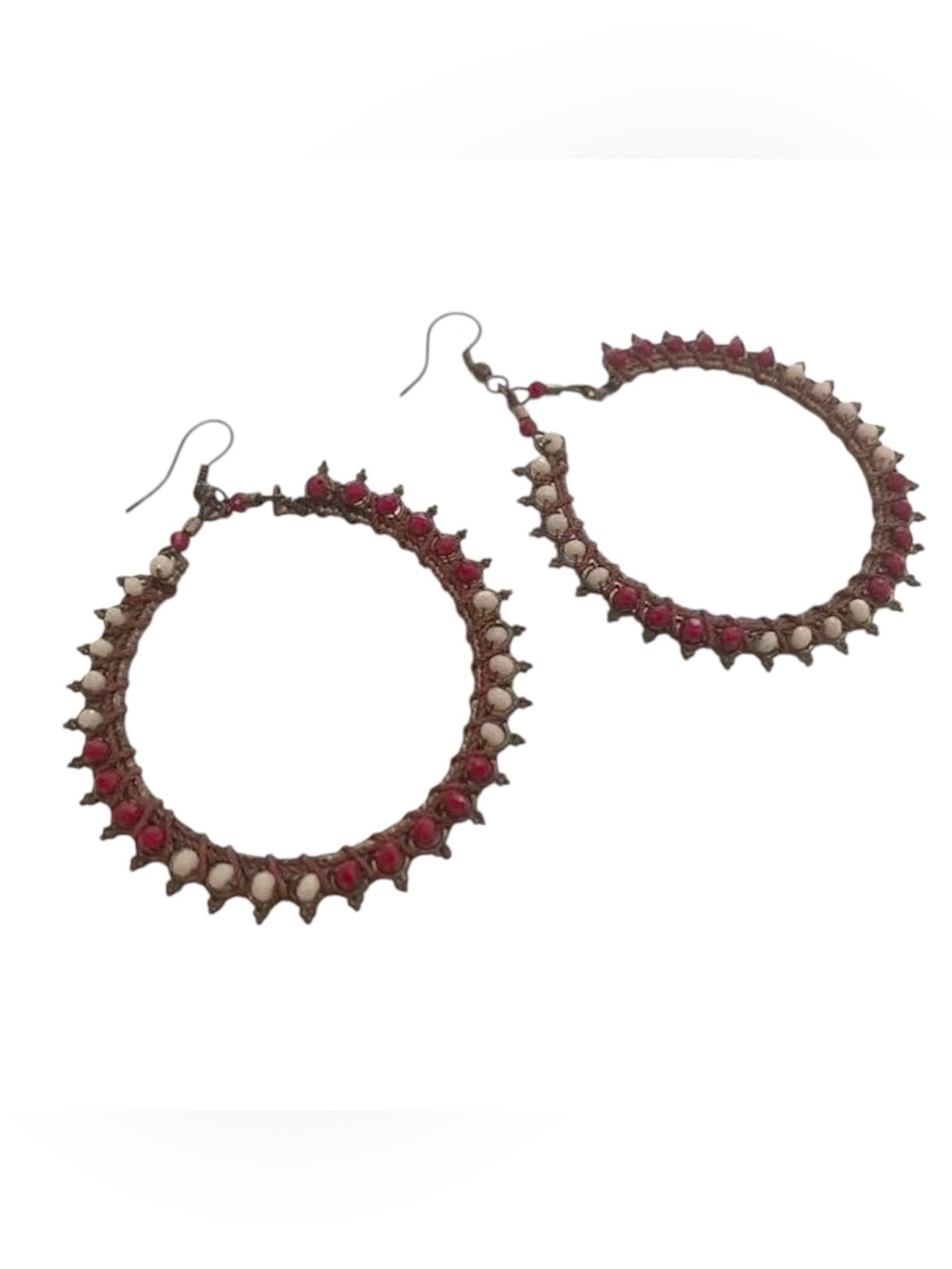Red & White Beaded Hoop Earrings